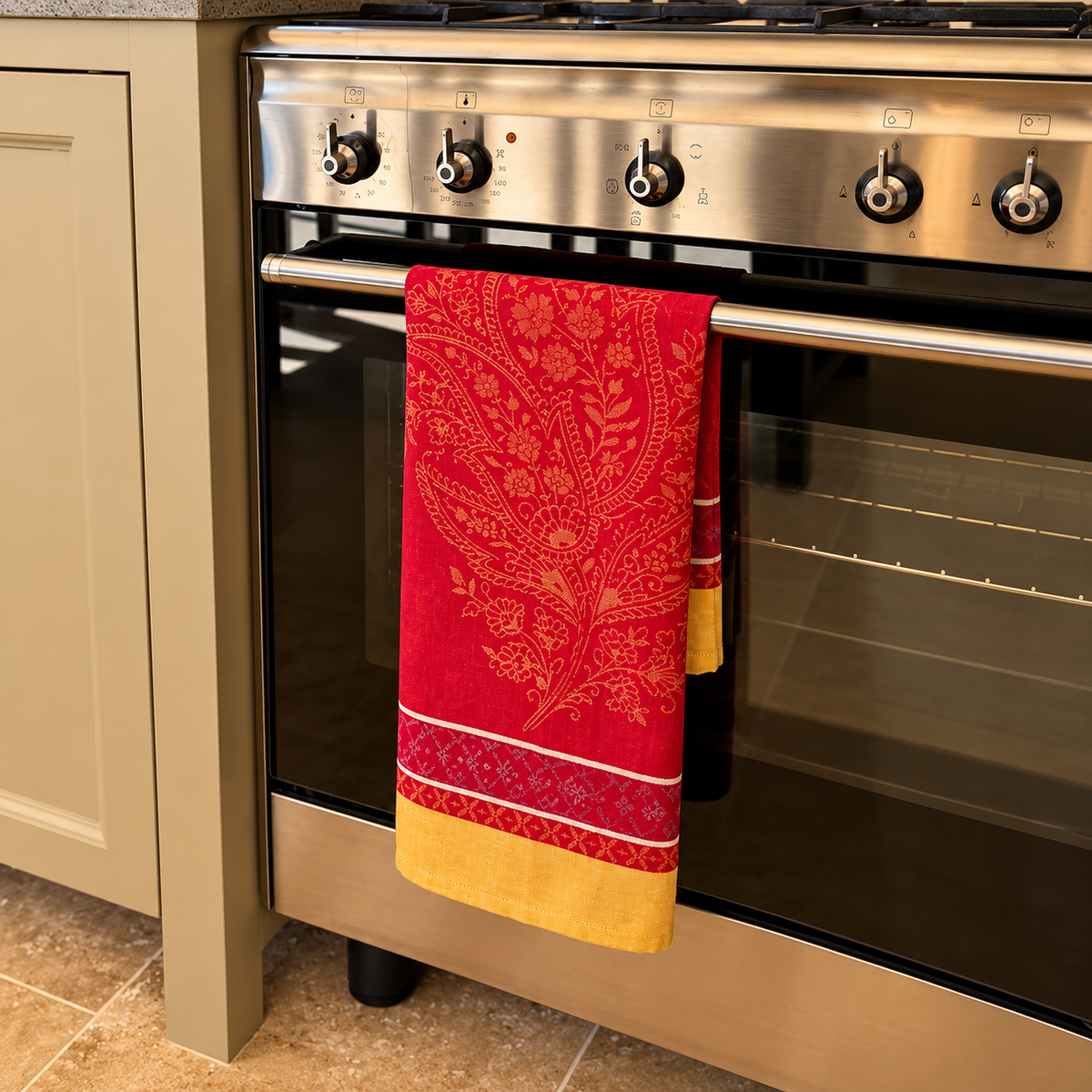 Rotes Jacquard-Geschirrtuch Soleil aus 100 % Baumwolle mit gelbem floralem Muster und gelber Bordüre, hergestellt in Frankreich, dekorativ über dem Backofengriff.
