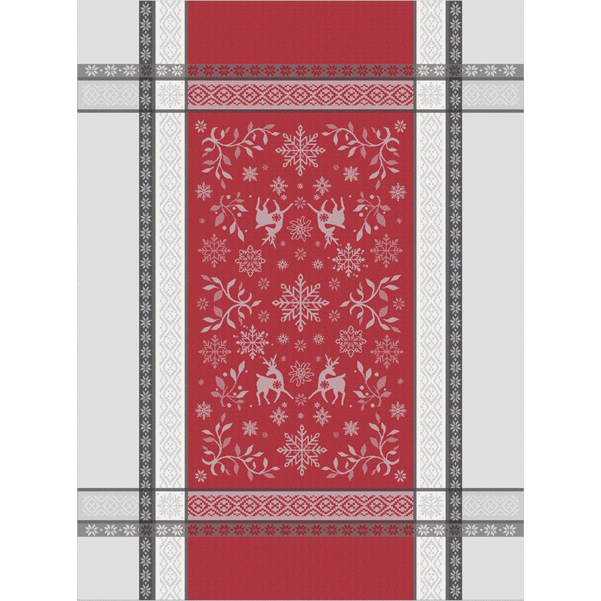 Jacquard-Geschirrtuch in Grau und Rot mit winterlichen Motiven wie Hirschen und Schneeflocken