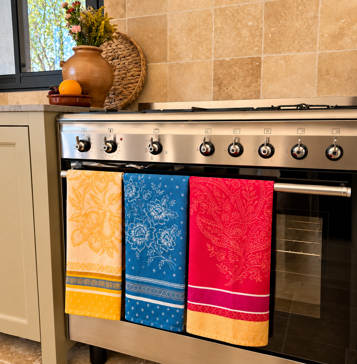 Drei Jacquard-Geschirrtücher aus Baumwolle in Blau, Gelb und Rot mit floralen Mustern, hergestellt in Frankreich, dekorativ nebeneinander in einer Küche.