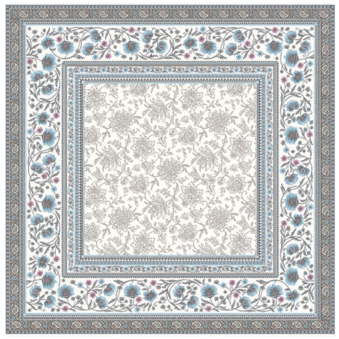 Hochwertige Kollektion in beige-blauen Tönen, erhältlich als Tischdecke und Kissenbezug. Das schwere Jacquardgewebe überzeugt mit seiner ausgezeichneten Qualität und lässt sich leicht pflegen.