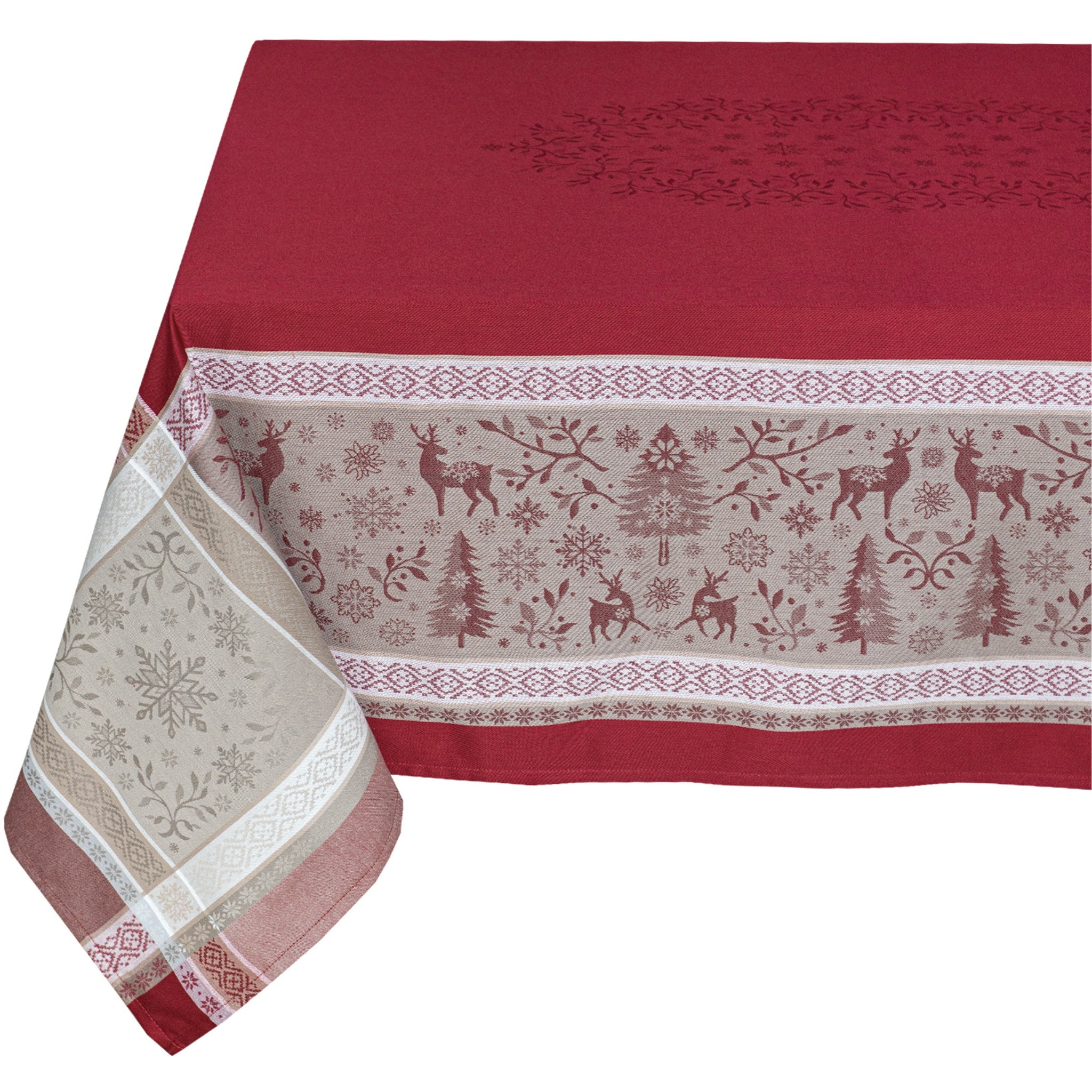 Jacquardgewebte Tischdecke mit dezentem Wintermotiv in Rot – weich, stilvoll und ideal für festliche Tischdekoration.