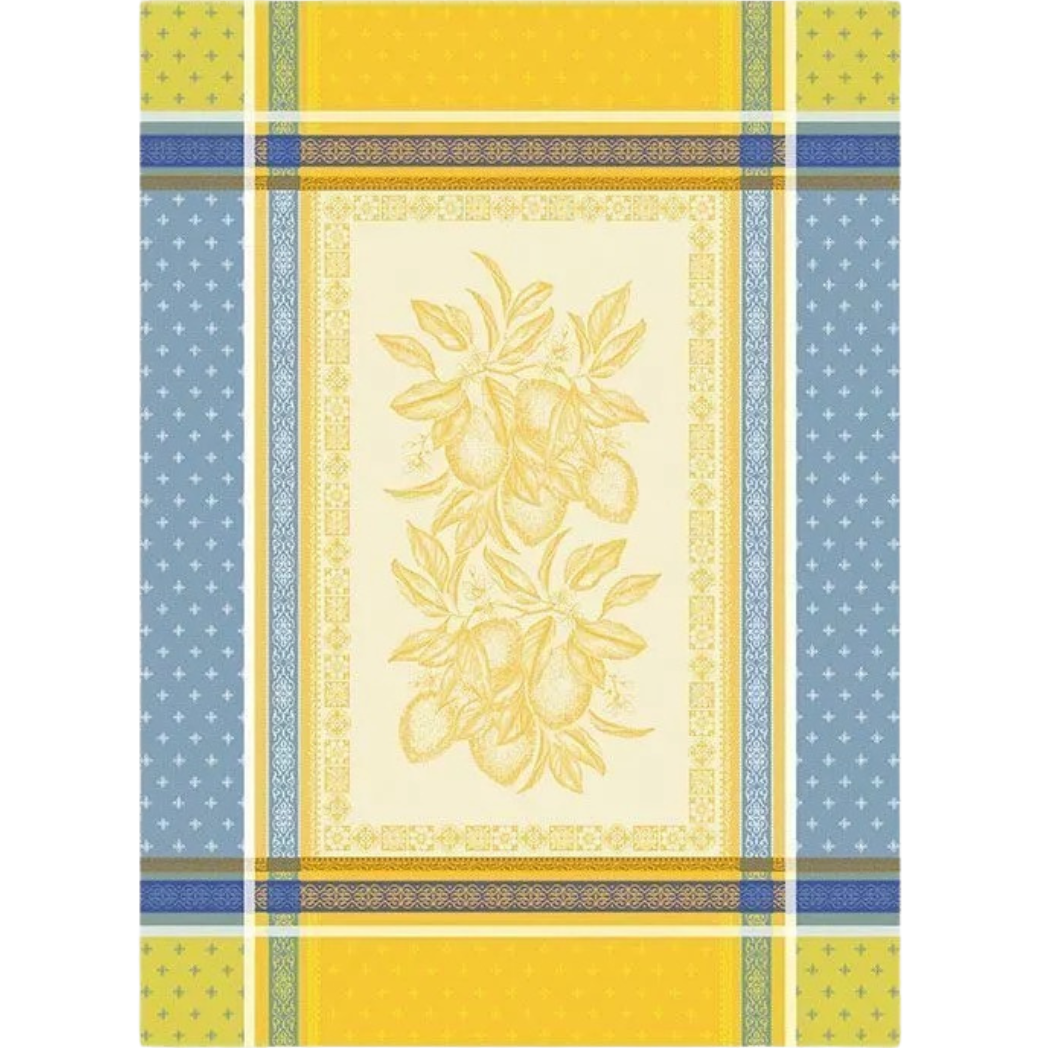 Gelbes Jacquard-Geschirrtuch Ciel d’été aus 100 % Baumwolle mit Zitronenmotiv und dekorativer Bordüre, hergestellt in Frankreich.