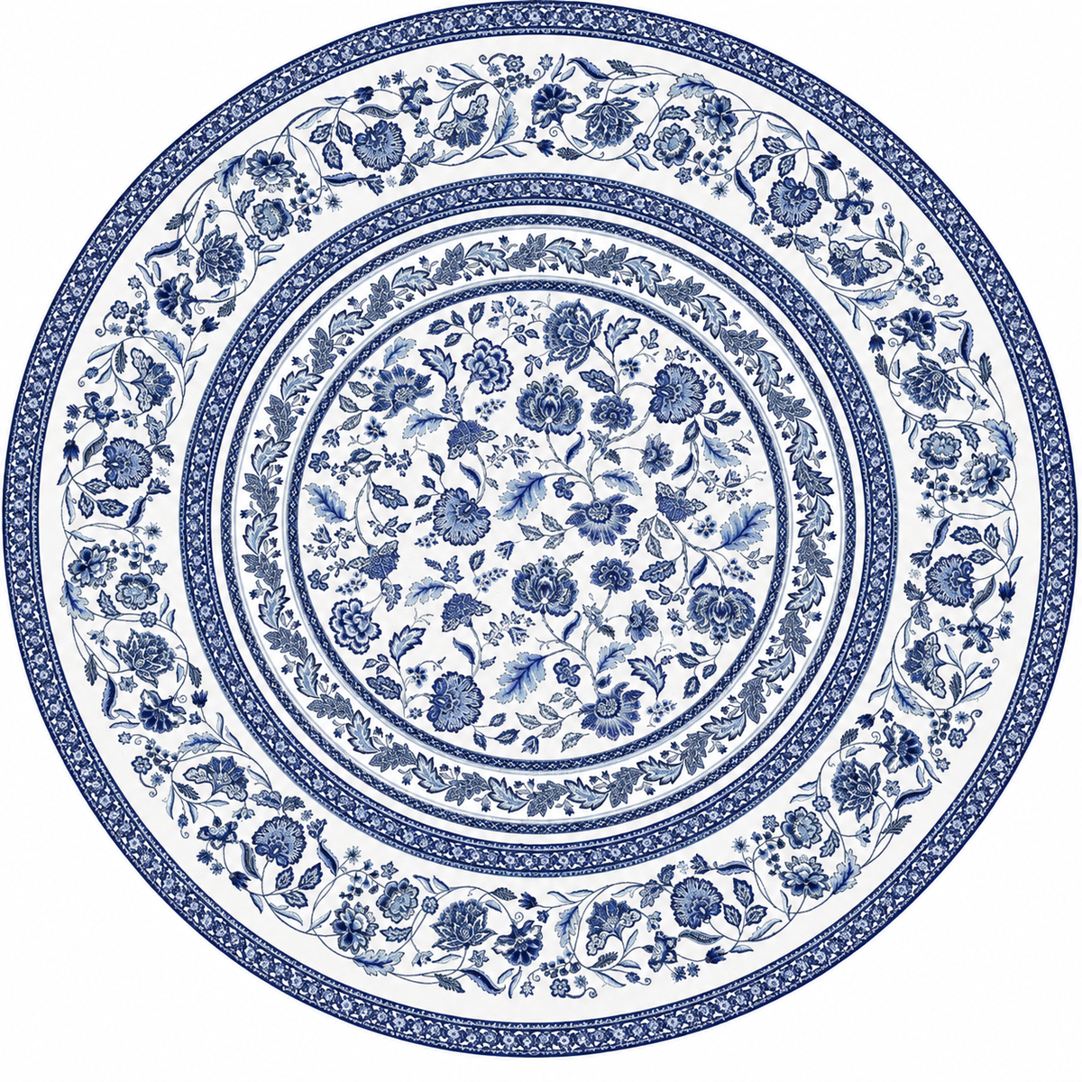 Runde französische Jacquard-Tischdecke Saint-Rémy Ø 180 cm in Blau und Weiß mit floralem Muster und dekorativen Bordüren.