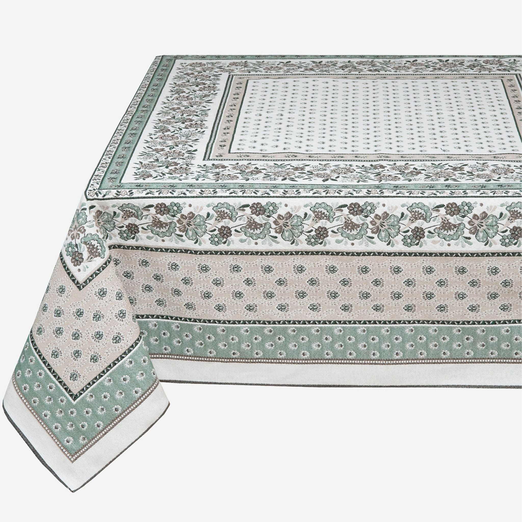 Französische Jacquard-Tischdecke mit klassischem Muster in Grün, Beige und Weiß