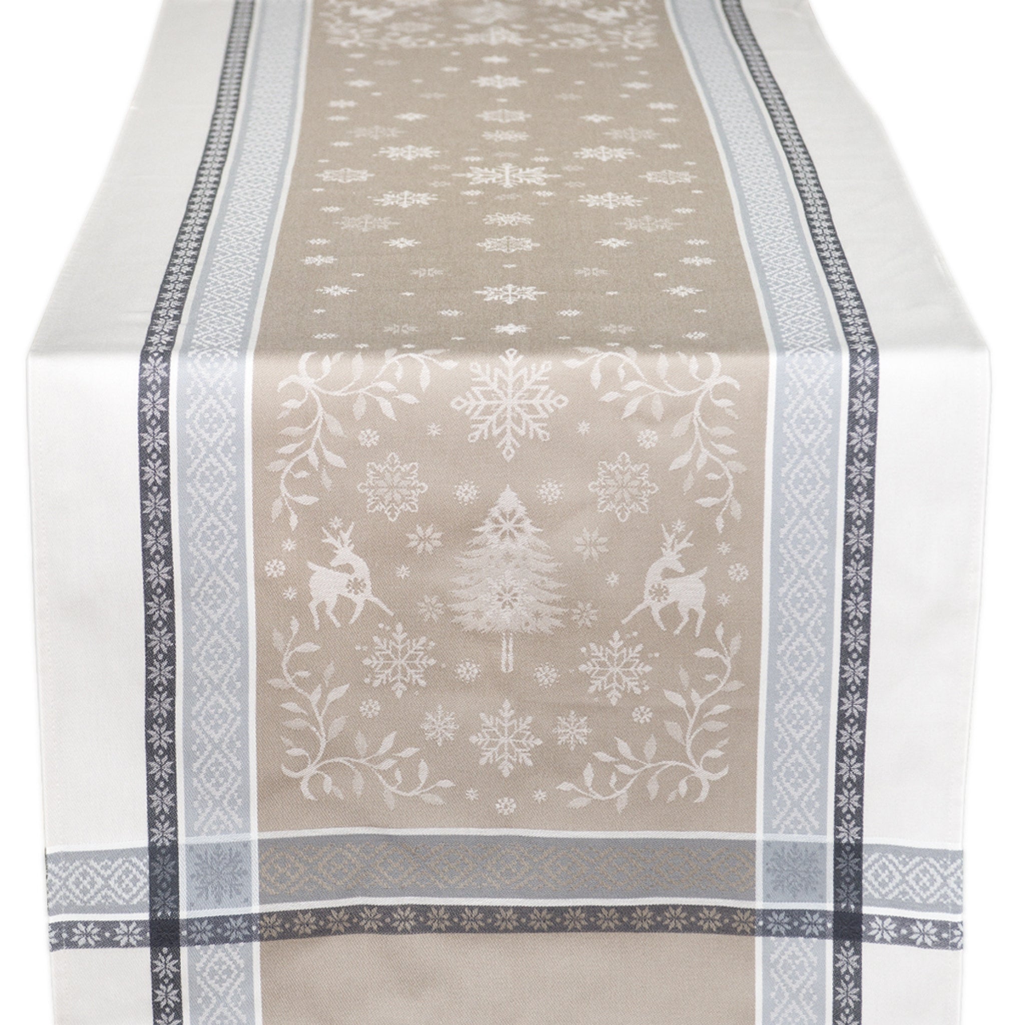 Tischläufer aus Baumwolle mit Fleckschutz in Beige, dekoriert mit festlichem Weihnachtsmotiv.
