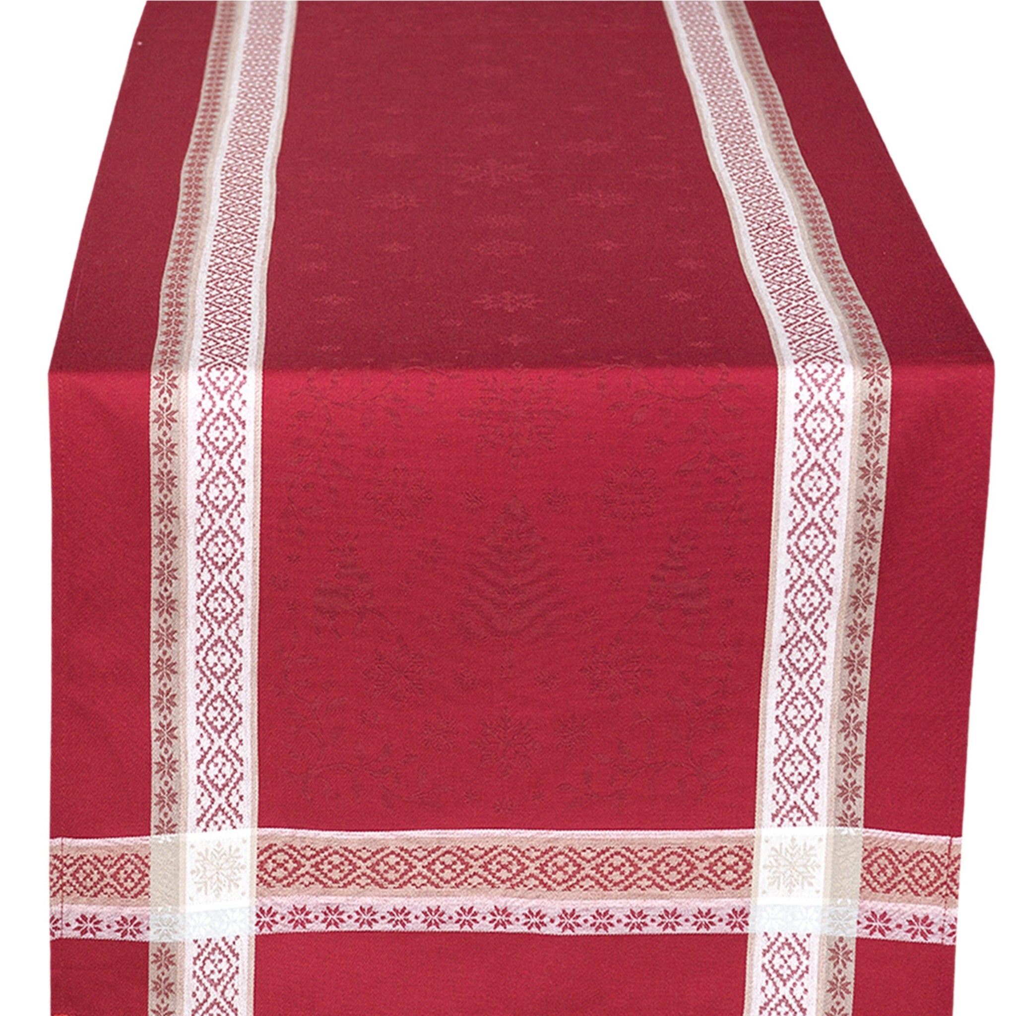 Tischläufer aus Baumwolle mit Fleckschutz in Rot, dekoriert mit festlichem Weihnachtsmotiv.